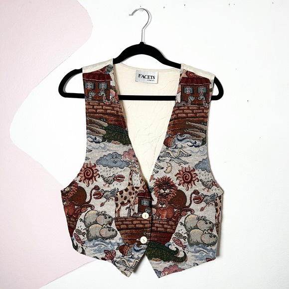 Facets by Mirrors Jackets & Blazers - Vintage Vest Womens Large Facets by Mirrors Noah's Ark Tapestry Animal Print 90s